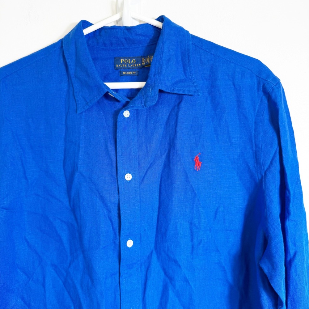 Polo Ralph Lauren Button Down Men XL Blue 100% Linen Relaxed Fit Long Sleeve